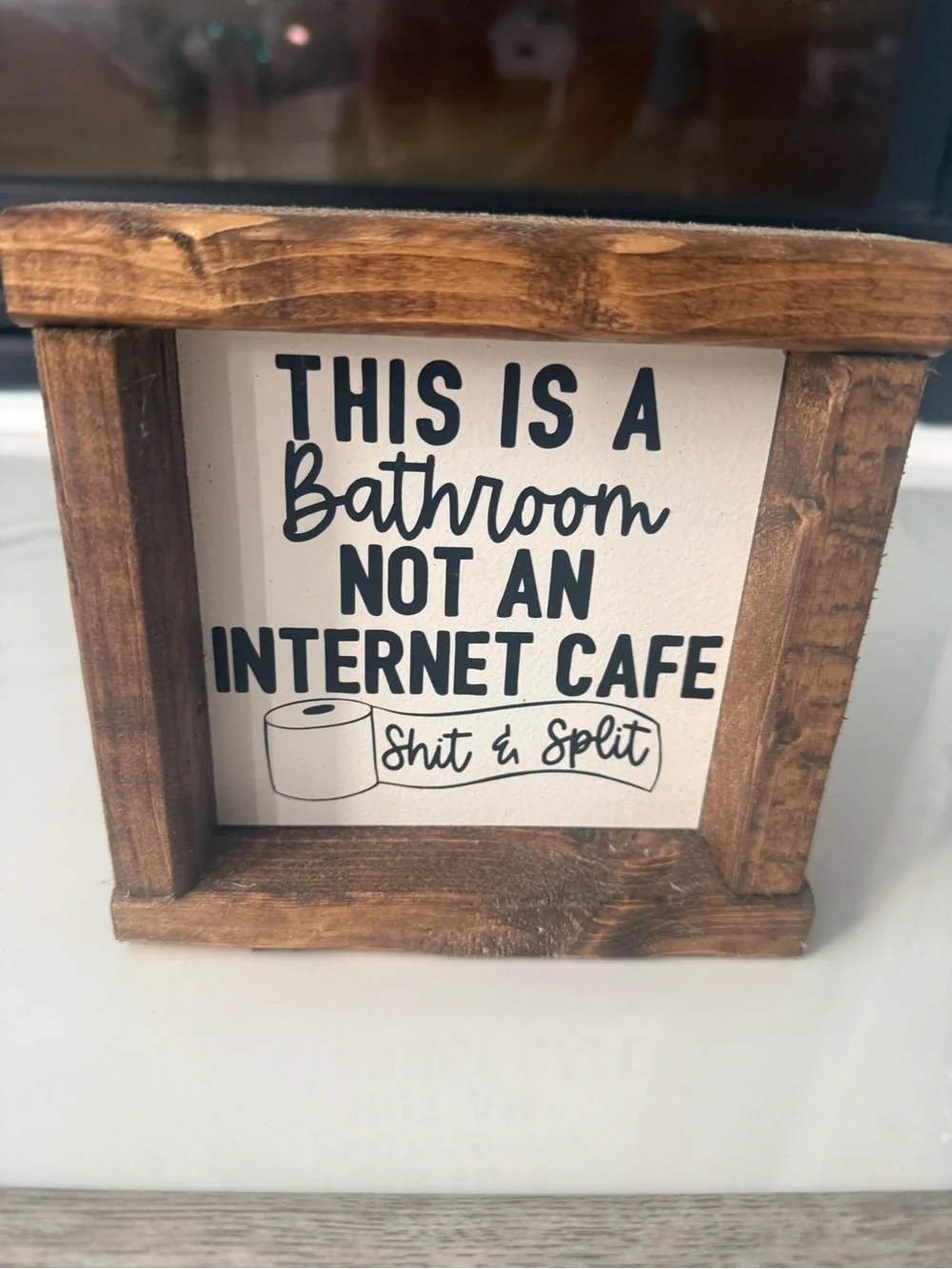 Wood Frame Bathroom Wall Sign - Brown and White